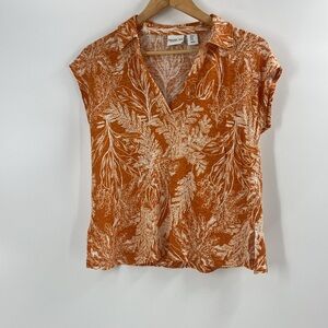 Rachel Zoe cap sleeve linen boho print rust brown fall color top
